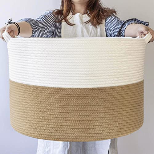 INDRESSME XXXLarge Jute Rope Basket 21.7" x 21.7" x 13.8" Woven Baby Laundry Basket for Blankets Toys Storage Basket with Handle Comforter Cushions Storage Bins Thread Laundry Hamper