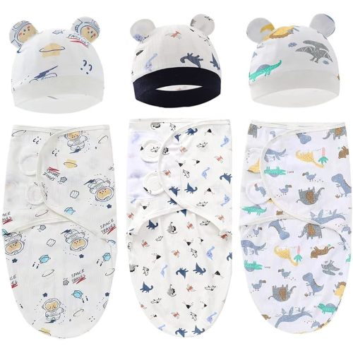 Exemaba Baby Swaddle Sleep Sack with Hat Set for 0-3 months 3-Pack Soft Cotton Newborn Wearable Swaddle Wrap for Girls Boys