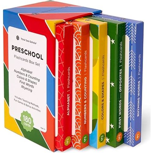 Award-Winning Flash Cards for Preschool & Kindergarten – 5-Deck Set, 180 Jumbo Cards – Learn Alphabet, Numbers, Colors, Shapes, First Words, Opposites & Rhyming – for Kids Ages 2–5