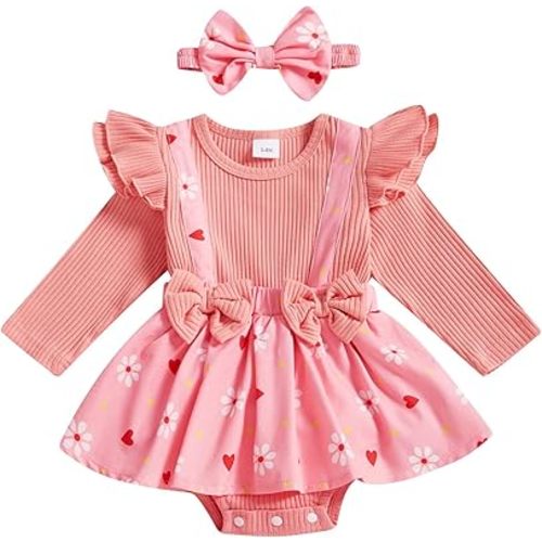 MoZiKQin Baby Girl Thanksgiving Outfit Newborn Romper Dress Ribbed Ruffle Skirt Hem Jumpsuit Cute Fall Clothes+Headband