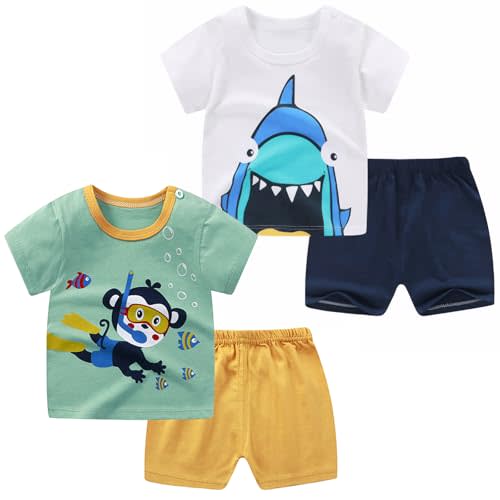 SUPFANS Baby Toddler Boys 4 Pieces T-shirts and Shorts Dinosaur Tops & Shorts Summer Outfits
