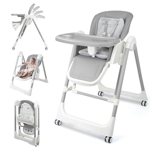 High Chairs for Babies and Toddlers Foldable High Chair Adjustable with Reclining Seat & Leg Rest, 3-in-1 Convertible Baby Swings with Tool-Free Assembly (Grey)