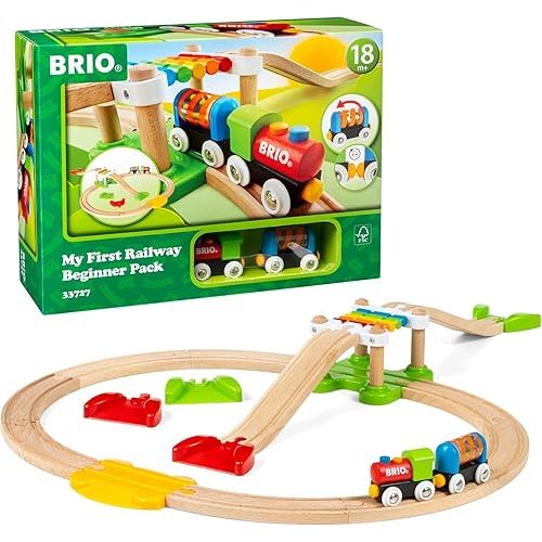 BRIO My First Railway Beginner Pack - 18-Piece FSC-Certified Wood Train Set - Compatible with All BRIO Sets - Includes Rainbow Bridge & Rattle Wagon - Safe Play - Toddlers Ages 18 Months & Older