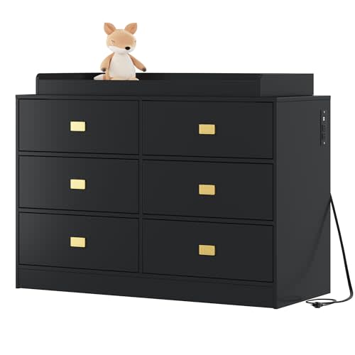 Changing Table Dresser with 6 Drawers, Changing Dresser with Power Outlets, Baby Dresser with Changing Table Top, Nursery Dresser Diaper Changing Station with Soft Changing Pad & Removable Top, Black