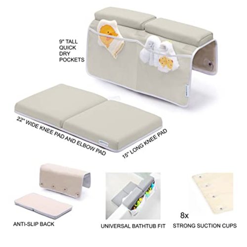 Bath Kneeler with Elbow Rest Pad Set, 1.75 inch Thick Kneeling Pad and Elbow Support for Knee Arm Support, Large Bathtub Kneeling Mat with Toy Organizer for Happy Baby Bathing Time, Beige