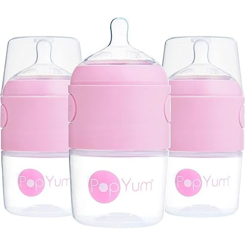 PopYum 5 oz Pink Anti-Colic Formula Making/Mixing/Dispenser Baby Bottles, 3-Pack with #1 Slow Flow Nipples, 150 ml, BPA-Free, Natural Latch