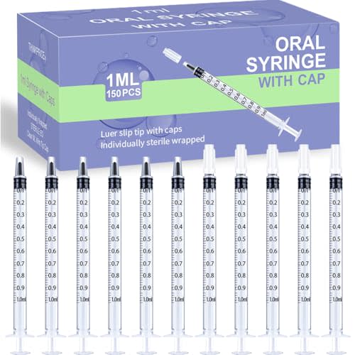 150 Pcs 1ml Syringes with Caps Oral Dispenser Individually Sterile Warpped for Medicine Dropper, Colostrum Collect Feeding Pets, Liquid