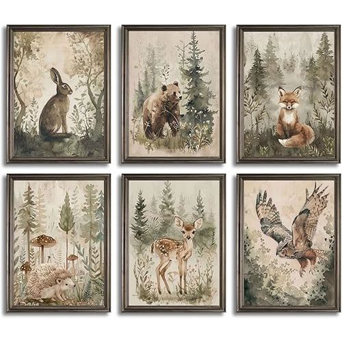 6 Pcs Woodland Nursery Canvas Wall Art Neutral Vintage Cottagecore Forest Safari Animals Natural Landscape Watercolor Painting Picture Wall Decor Poster Print Artwork for Baby Kids Room Unframed