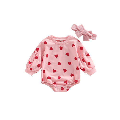 Newborn Baby Girl Valentines Day Outfit Heart Bubble Sleeve Romper One Piece Bodysuit Jumpsuit Headband
