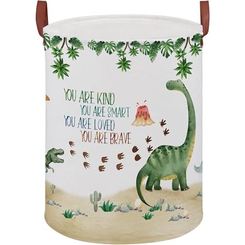 Dinosaur Nursery Decor Kids Laundry Basket Large Kid Storage Chest Trunk Woodland Stone Volcano Book Shelf Basket Collapsible Clothes Toy Bin for Baby Rectangle Hamper,45L(Green Dinosaur)