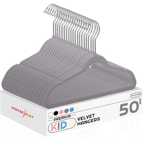 HOUSE DAY 14 Inch Kids Velvet Hangers 50 Pack, Durable Big Kid Hangers for Youth, Teen, Non Slip Kids Felt Hanger, Cute Childrens Hanger for Closet, Grey
