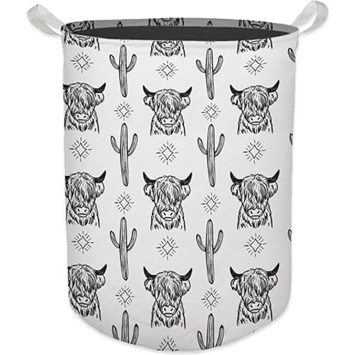 Western Laundry Basket, Retro Western Highland Cow Cactus Waterproof Collapsible Laundry Hamper Dirty Clothes Storage Toy Bin Organizer for Western Bathroom Bedroom, Western Home Decor