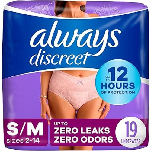 Always Discreet Adult Incontinence & Postpartum Underwear For Women, Size Small/Medium,White, Maximum Absorbency, Disposable, 19 Count(Pack of 1) (Packaging May Vary)