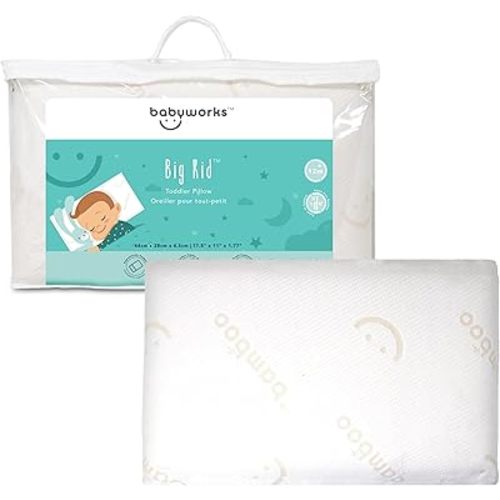 Baby Works - Toddler Pillow With Pillowcase, Soft & Supportive Memory Foam, Chiropractor Recommended, Removable & Machine Washable Cover - 44x28 cm