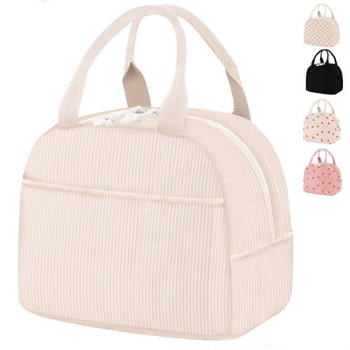 Livhil Corduroy Lunch Bag for Women, Reusable Cute Lunch Tote Bag Insulated lunch Box Bag for Work Picnic, Beige