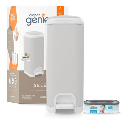 Diaper Genie Select Pail (Grey) is Made of Durable Stainless Steel and Includes 1 Starter Square Refill That can Hold up to 165 Newborn-Sized Diapers.