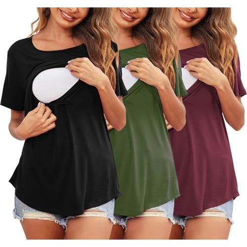 Ekouaer Women's Maternity Shirts Short Sleeves Nursing Tops 3 Pack Double Laye Breastfeeding Tees Pregnancy Clothes S-XXL