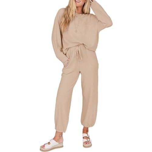 SHEWIN Women's 2 Piece Outfits Waffle Knit Lounge Sets Casual Long Sleeve Pullover Drawstring Jogger Pants Tracksuit Set
