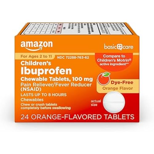 Amazon Basic Care Children’s Ibuprofen Chewable Tablets, 100 mg, Orange Flavor, Pain Reliever and Fever Reducer, For Minor Aches and Pains, Sore Throat, Headache Relief and More, 24 Count