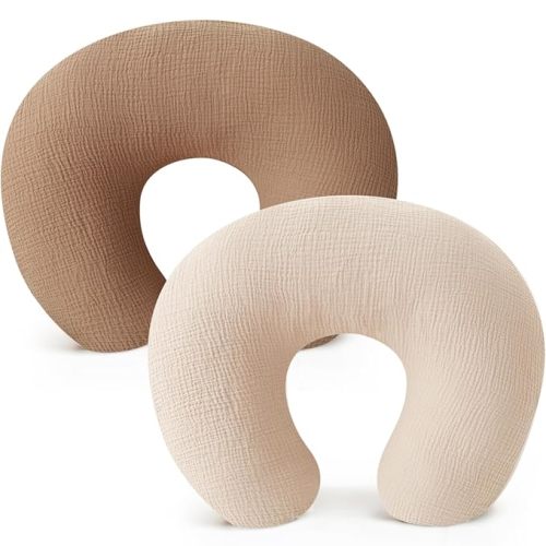 Konssy 2-Pack Muslin Nursing Pillow Covers, Soft & Adorable Nursing Covers for Breastfeeding Pillows, Slipcovers for Newborn Boys & Girls(Brown,Cream)