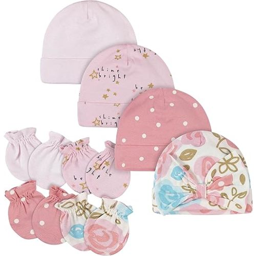 Gerber Baby Girls Cap and Mitten Sets 8pc Pink Floral 0-3 Months