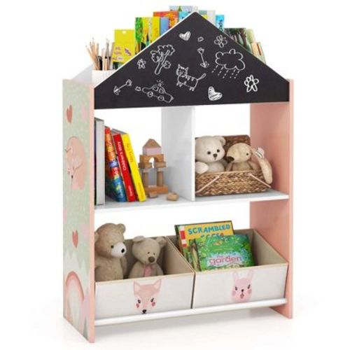 Costway Kids Dollhouse Bookshelf with Writable Chalkboard Whiteboard 4 Top Compartments Gray/Pink