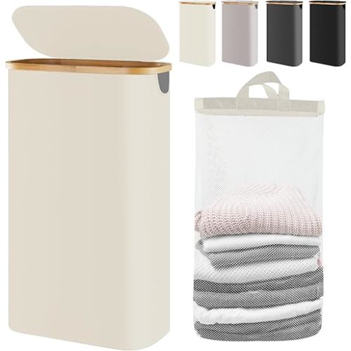 Slim Laundry Hamper with Lid 65L, Dirty clothes Hamper for Laundry Basket Collapsible, Thin Laundry Hamper with Removable Bag & Bamboo Handles, Narrow Laundry Hamper for Small Space