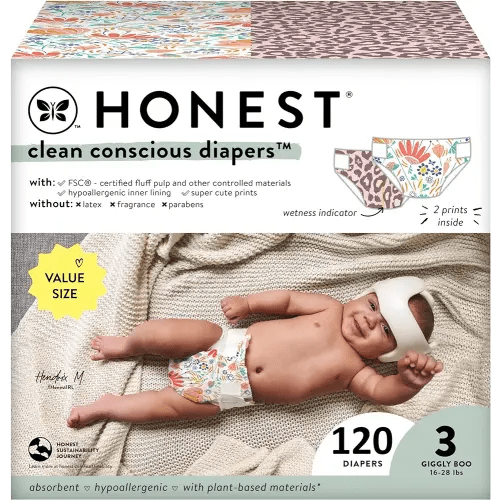 The Honest Company Clean Conscious Diapers for Sensitive Skin | Hypoallergenic, Fragrance Free | Girl Prints | Super Club Box, Size 3 (16-28 lbs), 120 Count