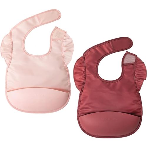 Tiny Twinkle Mess-Proof Baby Bib - Waterproof Bib for Baby Boy or Girl - PFAS, PVC, BPA, Phthalate Free - Baby Food Bibs - 2 Pack - 2-pack Rose, Burgundy