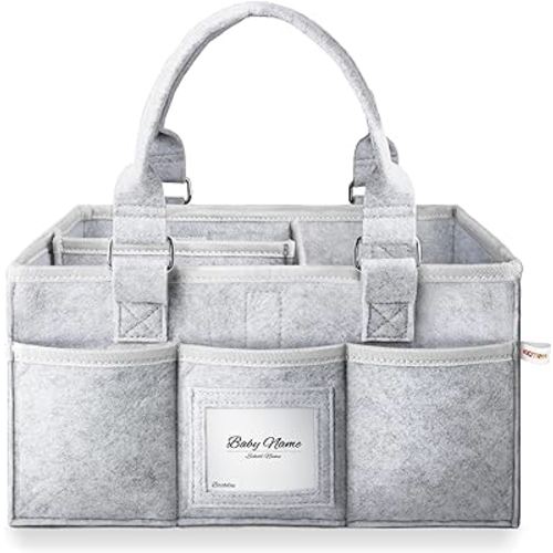 Diaper Caddy Organizer for Baby Essentials, Newborn Essetials Must Haves, Baby Registry Search and Other Baby Stuff, Collapsible Baby Basket with Handle and a Photo Frame, Gray (L)