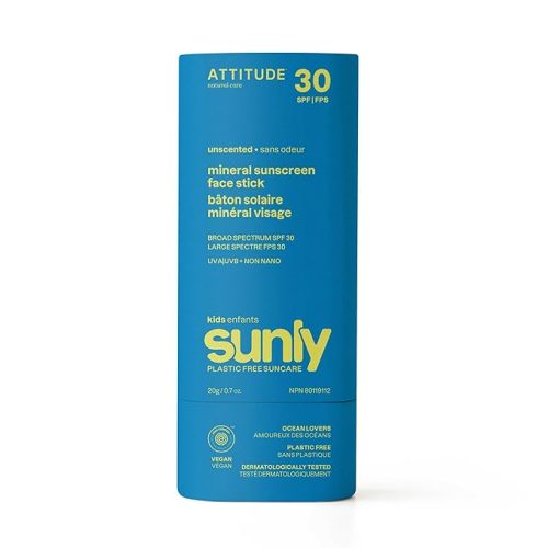 ATTITUDE Mineral Face Sunscreen Stick for Kids, SPF 30, EWG Verified, Plastic-Free, Broad Spectrum UVA/UVB Protection with Zinc Oxide, Dermatologically Tested, Vegan, Unscented, 0.7 Ounce