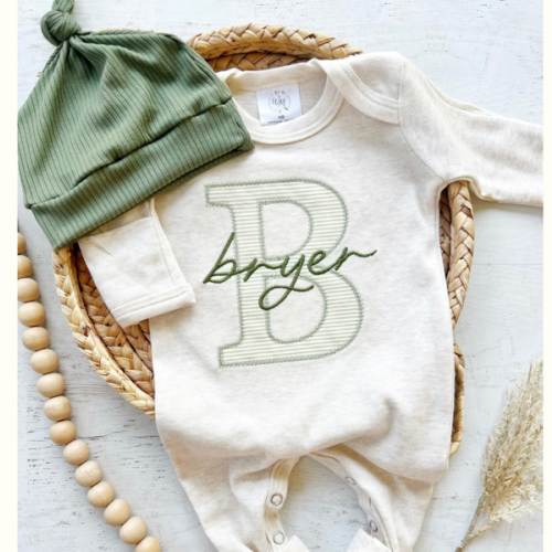 Newborn-Personalized Baby Boy Outfit | Oatmeal Romper Light Green Stripe Big L – Wonderfully Made