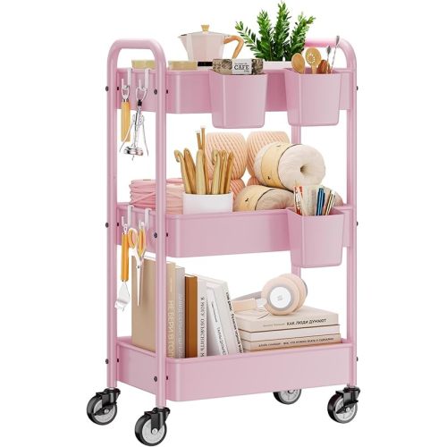 YASONIC 3-Tier Metal Rolling Cart, Heavy Duty Utility Cart with Lockable Wheels, Hanging Cups, Hooks, Mesh Rolling Storage Cart Craft Organizer, Lightweight and Sturdy, Pink