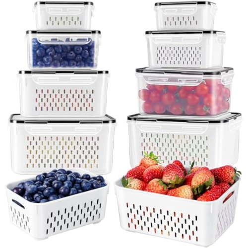 Fruit Storage Containers for Fridge with Removable Colander, Airtight Food Storage Container, Dishwasher Safe Produce Saver Container for Refrigerator, Keep Berry Fruit Vegetable Fresh Longer