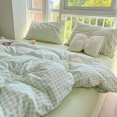 Nayoroom Green Gingham Duvet Cover Set Full Plaid Checkered Bedding