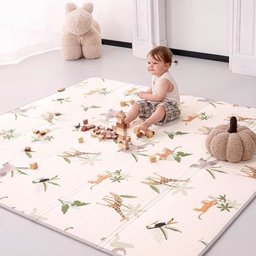 59x71 Inch 2 in 1 Fabric & XPE Dual-Sided Design Foldable Play Mat for Babies & Toddlers, Waterproof & Anti-Slip, Portable Baby Foam Crawling Mat with Travel Bag