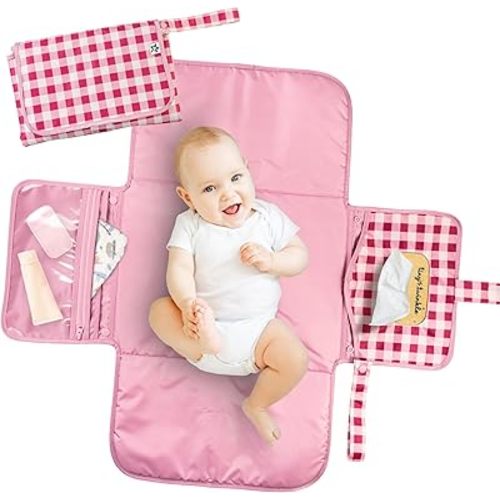 Tiny Twinkle Portable Diaper Changing Pad | Waterproof, Wipeable & Compact Baby Changing Pad for Travel | Smart Wipes Pocket & Organized Storage| Newborn Shower Gift (Raspberry Gingham)