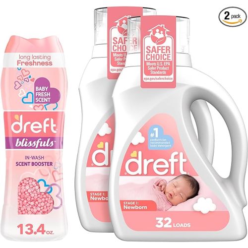 Bundle of Dreft Stage 1: Newborn Hypoallergenic Baby Laundry Detergent Liquid Soap, 46 Fl Oz, (Pack of 2) + Dreft Blissfuls In-Wash Scent Booster Beads, Baby Fresh, 13.4 oz