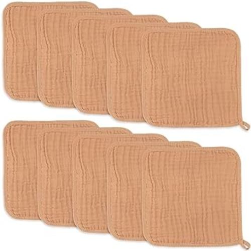 Baby Washcloths, Muslin Cotton Baby Towels, Large 10”x10” Wash Cloths Soft on Sensitive Skin, Absorbent for Boys & Girls, Newborn Baby & Toddlers Essentials Shower Registry Gift (Caramel, Pack of 10)