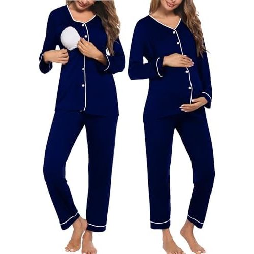 Ekouaer Maternity Pajama Set Button Down Nursing Pajamas Long Sleeve Breastfeeding Loungewear with Adjustable Pants
