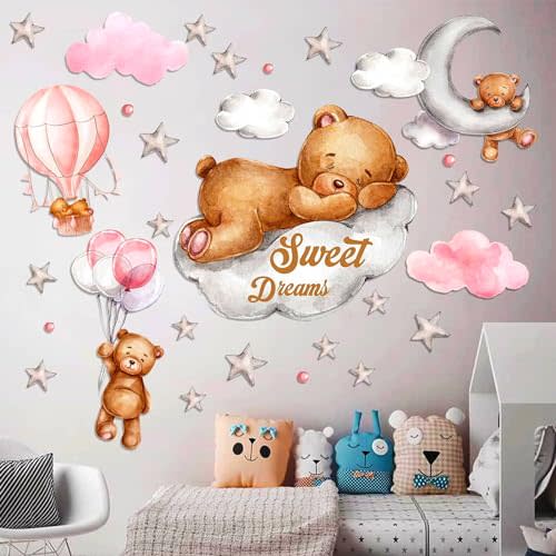 Tedy Bear Wall Stickers, Bear Nursery Wall Decor, Bear Sleeping on The Moon and Stars Wall Stickers for Nursery, Babies Room Bear Wall Stickers for Kids Nursery Bedroom Decorations