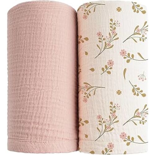 Konssy 2 Pack Muslin Swaddle Blankets for Baby Boys Girls, Receiving Blanket Large 47 x 47 inches, Soft Breathable Muslin Baby Blanket for Unisex Newborn(Pink, Floral)