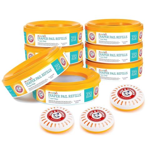 Munchkin Refill Set for STEP and PAIL Diaper Pails - Includes 8 Arm & Hammer Refill Rings and 3 PUCK Baking Soda Cartridges