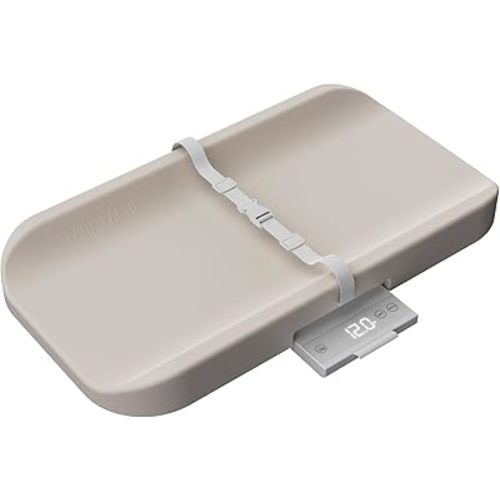 2-in-1 Baby Changing Pad with Integrated Scale, Contoured Wipe-Clean Foam, Non-Porous Waterproof Surface, Digital Baby Weighing Pad for Routine Changes, Safety Strap, Neutral Nursery Essential