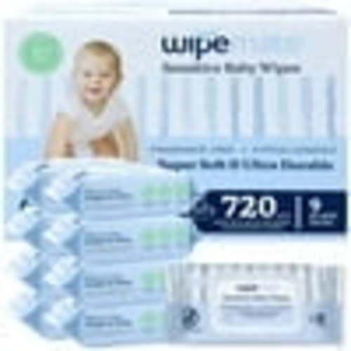 Wipemate Sensitive Baby Wipes, Plastic-Free, Made With 99% Water, Plant-Based Baby Wipes, Unscented & Hypoallergenic for Sensitive Skin, Sailor Stripes - 9 Flip-Top Packs (720 Count)