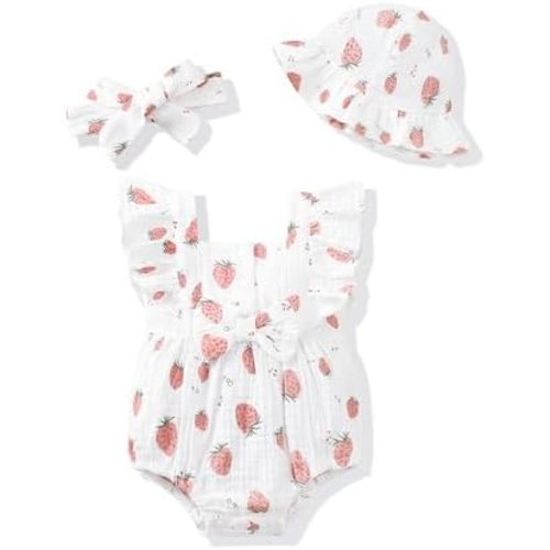 Renotemy Baby Girl Clothes Infant Summer Romper Cotton Linen Newborn Essentials Photography Preemie Outfits with Hat&Headband
