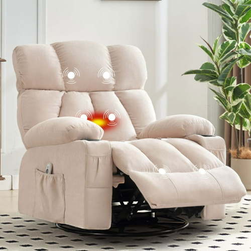 JONPONY Massage Rocker Recliner Chair with Vibration Massage and Heat Ergonomic Lounge Chair for Living Room with Rocking Function and Side Pocket, 2 Cup Holders, USB Charge Port,Beige