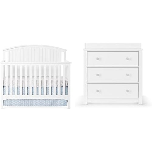Child Craft Cottage Curve Crib and Dresser Nursery Set, 3-Piece, Includes 4-in-1 Convertible Crib, 3 Drawer Dresser, and Changing Table Topper, Grows with Your Baby (Matte White)