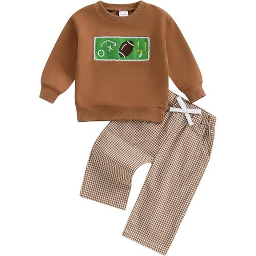 Football Baby Boy Clothes Toddler Football Outfit Long Sleeve Sweatshirt Plaid Pants Cute Fall Winter Outfits
