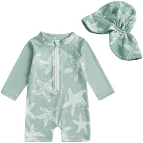 Infant Baby Boy Girl Swimsuit One Piece Long Sleeve Zipper Bathing Suit Toddler Rash Guard Kids Swimwear with Hat
